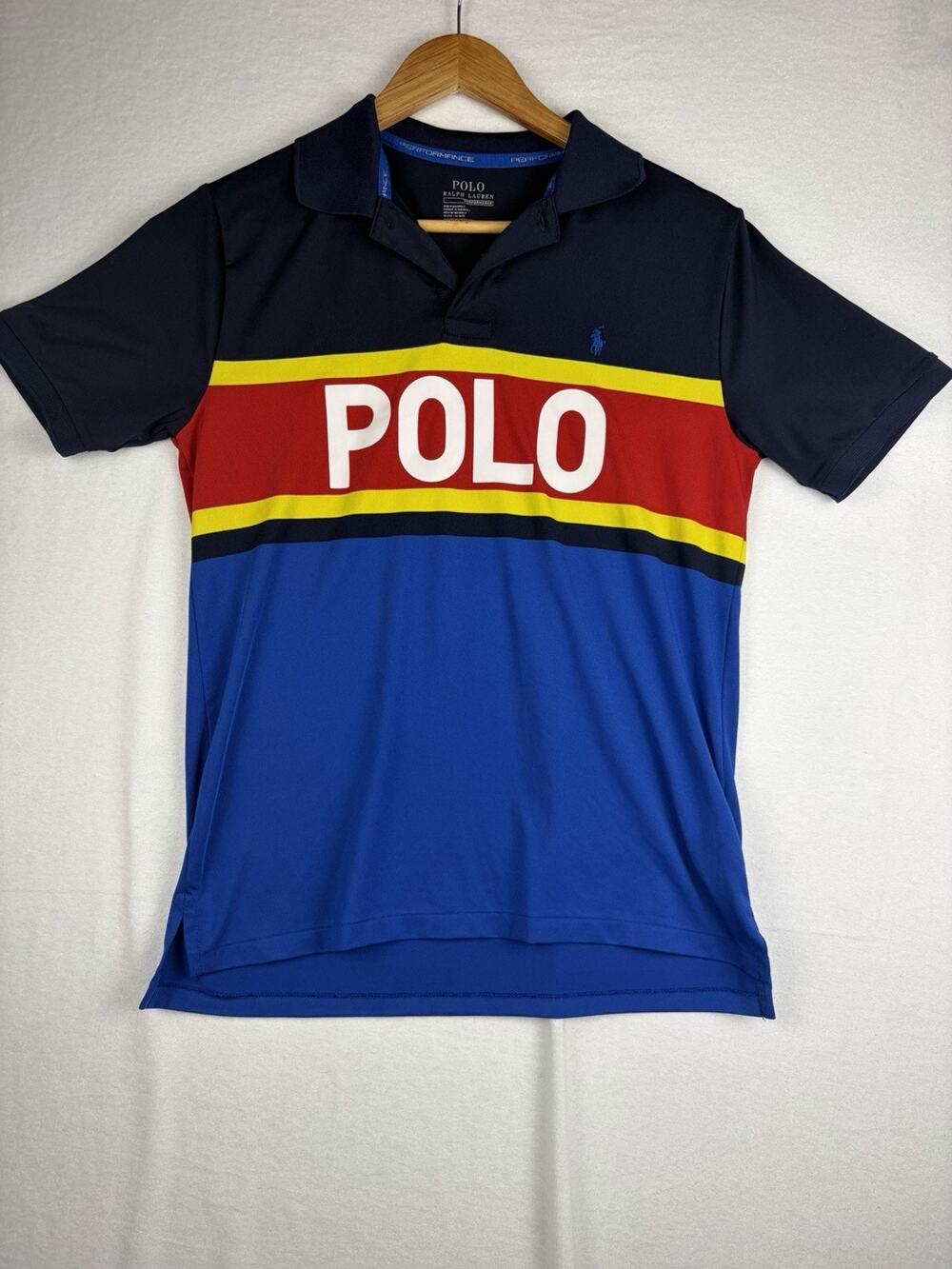 Polo Ralph Lauren Performance Boys L 14-16 Colorblock Blue Big Logo Polo Shirt